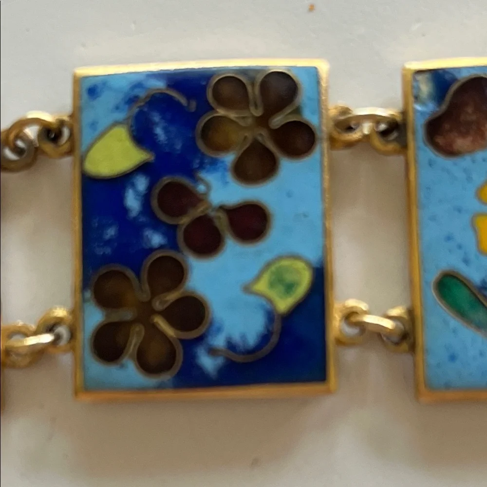 Vintage panel enamel cloisonné turquoise blue gold bracelet - Picture 7 of 17